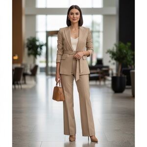 NWT Maxime Marlene Fit Khaki Jacket and Trouser Set Pant Suit 12 Long Inseam